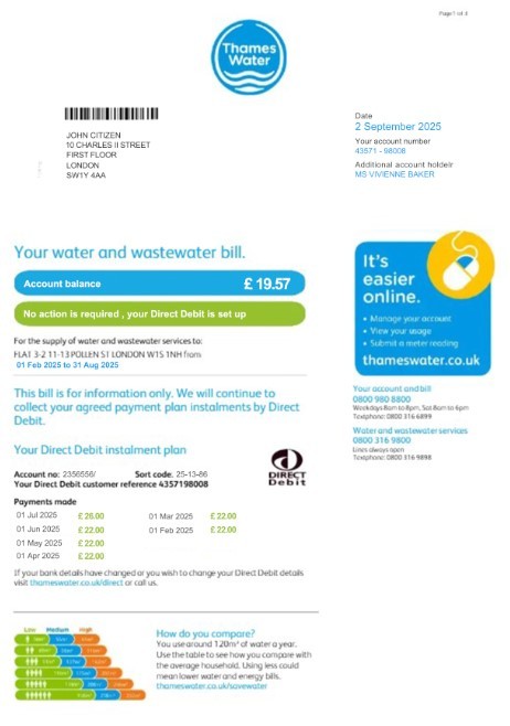 United Kingdom Thames Water utility bill template in PSD format, version 2